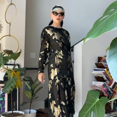 VTG 80s Metallic Floral Sheer Drop Waist Dress 