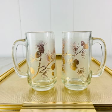 Vintage Libbey Mugs,Frosted Pine Cone 22k Gold Beer, Set of 2, holds 12 fl oz, retro barware, collectible, groomsmen gift, gift for beer fan 