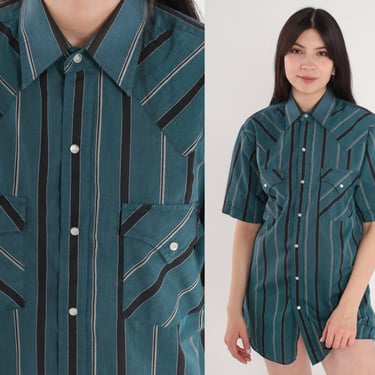 Striped Western Shirt 90s Pearl Snap Shirt Collared Button Up Short Raglan Sleeve Green Pocket Rodeo Cowboy Vintage 1990s Mens Small S 