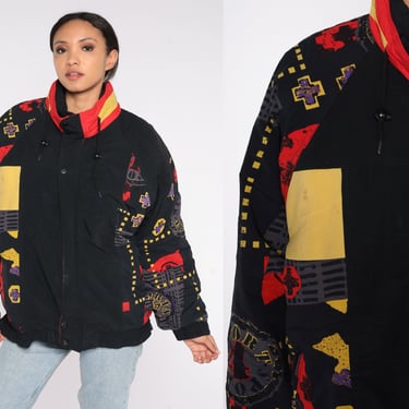 Black Ski Jacket 80s 90s Insulated Winter Coat Puffy Jacket Puffer Abstract Print Warm Jacket Retro Skiwear Vintage Puff Extra Large xl 