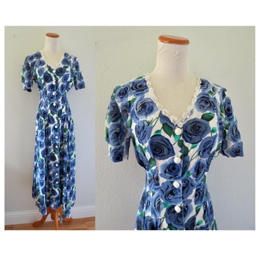 Vintage 90s Blue Floral Midi Dress - Rose Flower Print Button Up Short Sleeve Romantic Cottagecore Dress - Size Small / Medium 