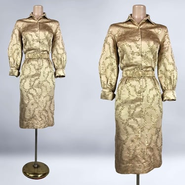 VINTAGE 50s 60s Gold Brocade Cocktail Dress by Mr. Blackwell with Pockets 38B/26W/40H | 1950s 1960s Hourglass Wiggle Dress | VFG 