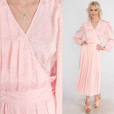 Pink Wrap Dress 80s Embossed Midi Dress Long Puff Sleeve V Neck Pleated High Waisted Pastel Secretary Geometric Vintage 1980s Small S 