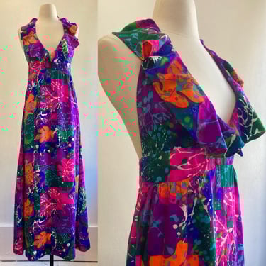 Vintage 60s 70s HAWAIIAN Dress / Psychedelic NEON HALTER Maxi Dress / Ruffle V-Neck + Backless / Waltah Clarke's / 32