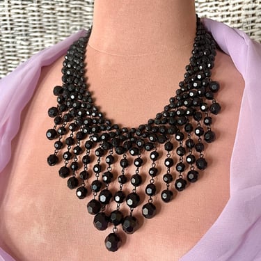 Vintage Statement Necklace, Goth Elegance Bib Necklace, Luxe Lucite Beads, Faceted, Dangle Fringe 
