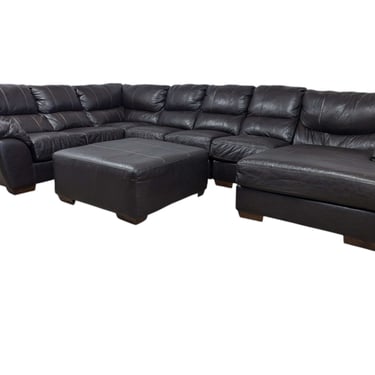 Brown Leather U-Shaped Sectional with Ottoman