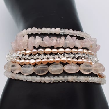 80's Avon rose quartz pearls crystal 925 silver glam punk bracelet, 7 strand beaded sterling bayonet cuff 