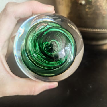 Signed Marian Pyrcak Poland Glass Art Paperweight, Green Swirl 