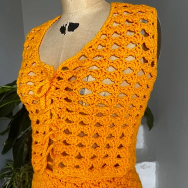 1970s Hand Crochet Tangerine Vest and Mini Skirt Authentic tix Vintage 
