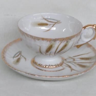 Kelvin Fine China Japan White and Gold Wheat Stalk Tea Cup and Saucer Set 3262B