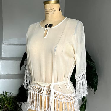 1920s Sheer Silk Tunic Blouse with Belt and Fringe 
