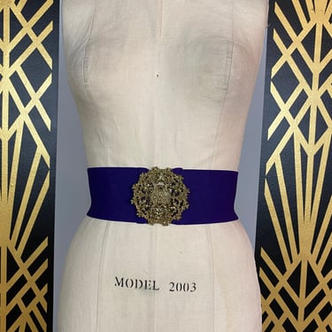 1980s wide belt, cinch belt, purple and gold, huge brass buckle, small medium, vintage belt, 1980s accessories, chunky, filigree, Victorian 