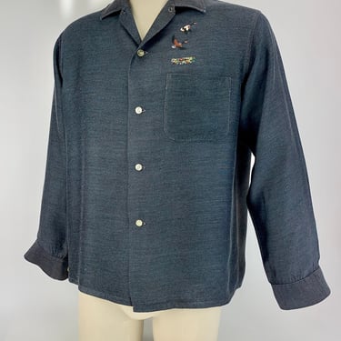 1950's Rayon Shirt - Pleasure King Label - Embroidered Geese in Flight - Patch Pocket - Men's Size Medium - As Is 
