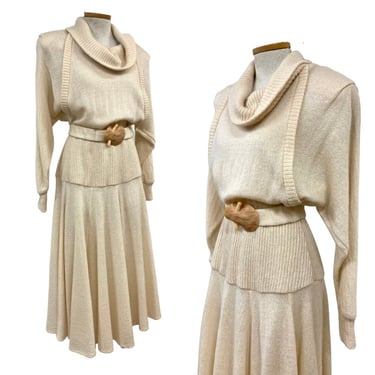 Vtg Vintage 1980s 80s Designer Minimal Bridal Ivory Bone Knit Midi Sweater Dress 