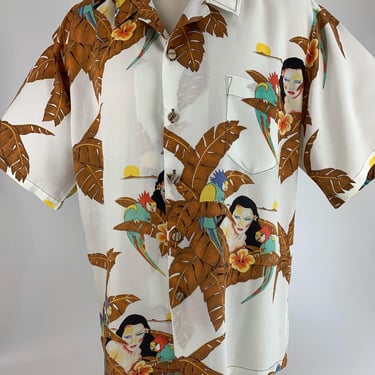 Classic 80's Hawaiian Shirt - Ocean Pacific Sunwear - Rayon - Parrots, Palm Trees & Hawaiian Girls - Men's Size Extra-Large 