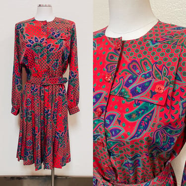 1980s-90s Red Paisley and Kaleidescope Printed Business Shirt Dress w Matching Belt & Flower Button Front | Boss, Retro, Conservative 