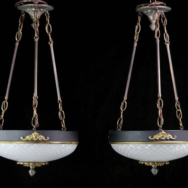 Pair of Waldorf Astoria Etched Glass Empire Dish Pendant Lights