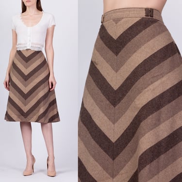 70s Chevron A-Line Skirt - Medium, 28" | Vintage High Waist Wool Blend Striped Schoolgirl Midi 
