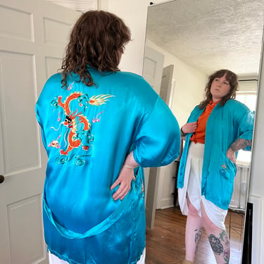 Vtg. Turquoise Dragon Kimono Robe (OS)