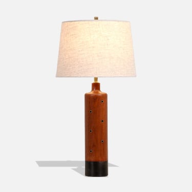 Danish Modern Teak & Leather Table Lamp with Brass Inlaid by H. Paaske