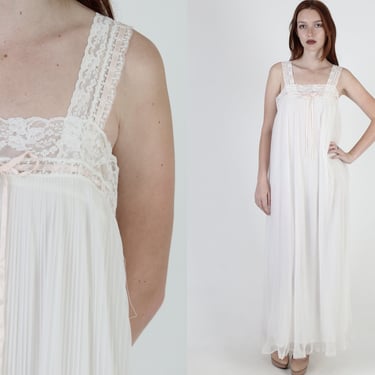 1960s Sheer White Nightgown Dress / 60s Double Layer Sexy Negligee / Chevette Floral Lace Thin Maxi Dress 