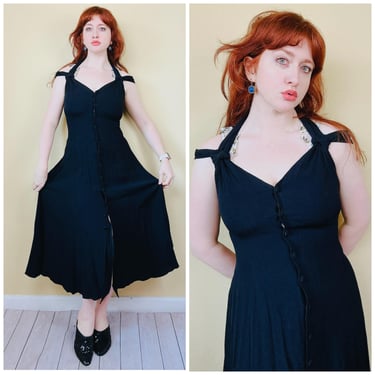 1990s Vintage Moda Int'l Navy Blue Rayon Crepe Dress / 90s Off Shoulder Backless Button Dress / Size Medium 