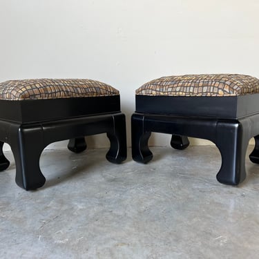 Michael Taylor Ming - Style Black Ebonized Upholstered Ottomans - a Pair 