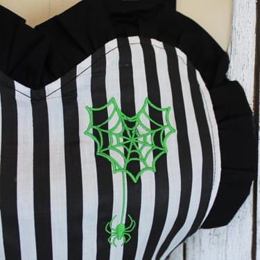 Neon Green Spiderweb Heart Black & White Striped Vintage Inspired Apron 
