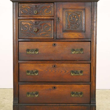 Vintage Oak Highboy Bedroom Dresser on Wheels