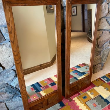 Vintage MCM Diagonal Design Floor Mirrors in Oak