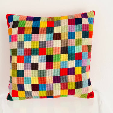Vintage 1970s Mid Mod Color Block Geometric Cube Grid Needlepoint Square Throw Pillow 