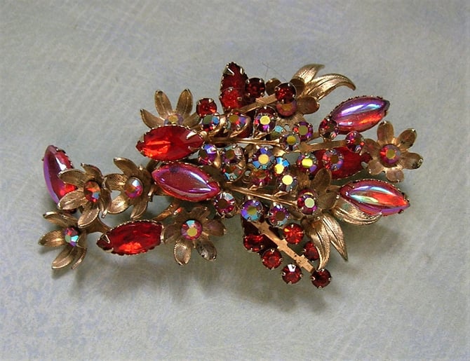 LARGE 2.75” Vintage Signed Judy Lee Selenium Glass Pink Flower Rhinestone shops Brooch