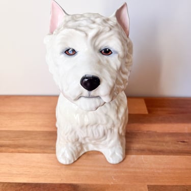 1970s Scottish Whiskey Ceramic White Westie Dog Decanter. Vintage Royal Adderley West Highland Terrier Empty Liquor Bottle. 