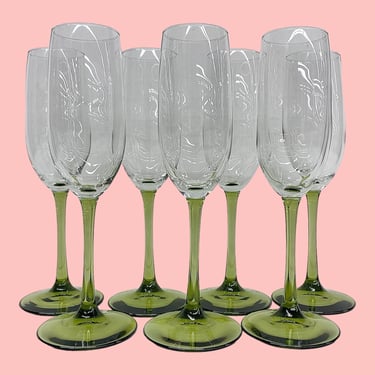 Vintage Champagne Glasses Retro 1980s Contemporary + Fluted + Clear Glass and Green Stems + Set of 7 + Barware + Modern Stemware + Celebrate 