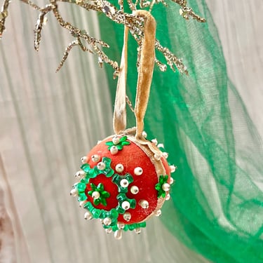 Beaded Felt Christmas Ornament, Faux Pearls, Velvet Ribbon, Mid Century Holiday Decor, Vintage 60s 70s 