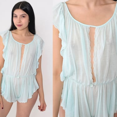 Pale Green Teddy 80s Lingerie Bodysuit Semi-Sheer Ruffled Romper High Sides Cutout Low Armhole Tap Shorts Boudoir Pastel Vintage 1980s Small 