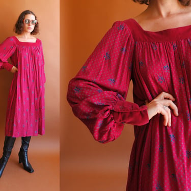 Vintage 70s Adini Mutton Sleeve Indian Cotton Dress/1970s Maroon Long Gathered Dress/ Size Medium Large 
