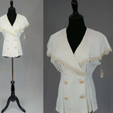 90s Off-White Jacket or Top - Deadstock NWT - Lace Trim Cape Collar - Sleeveless Double Breasted - Dani Michaels Gantos - Vintage 1990s - M 