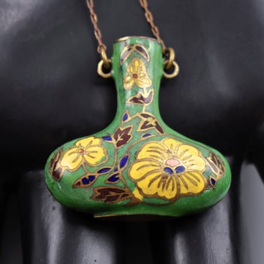 60's brass enamel flowers open vase affixed hippie pendant, long floral urn paper clip chain boho necklace 