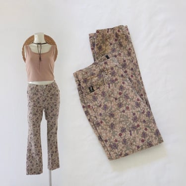 micro floral crop pants - 26 - vintage 90s y2k stretch skinny cropped trousers floral brown beige tan size small womens 