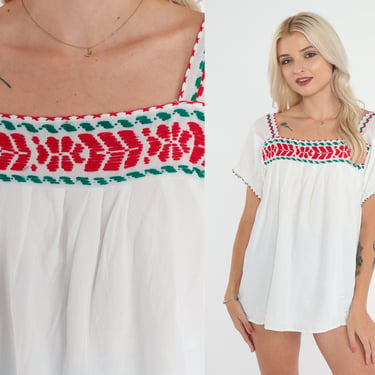 Floral Embroidered Top 90s Mexican Blouse White Flower Print Peasant Hippie Short Sleeve Tent Shirt Boho Cotton Vintage 1990s Extra Small xs 