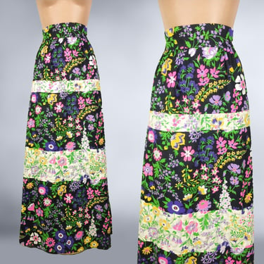 VINTAGE 70s Botanical Black & White Color Block Maxi Skirt with Sequins 27