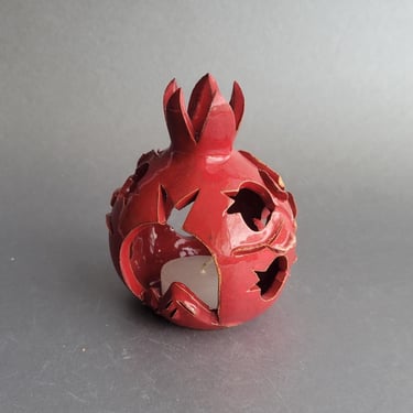 Handmade POMEGRANATE candle holder Artist made tea light candle holder Ceramic red fruit home decor Vintage hand caved table decor 