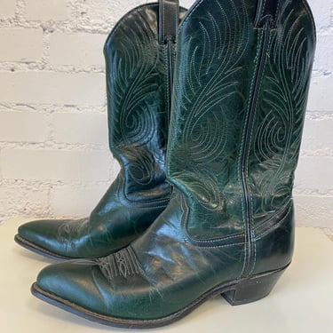 vintage code west dark green leather cowboy boots 8 western style boho cowgirl 