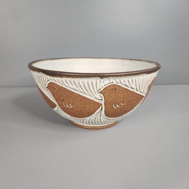 Mid Century Stoneware Studio Pottery Bowl Signed Unknown Signature 