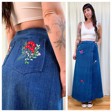 70s embroidered denim maxi skirt 