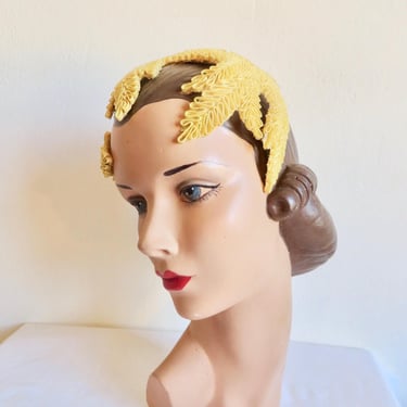 1950's Lemon Yellow Straw Fascinator Mini Hat 50's Spring Summer Millinery Wedding Bridal Party Rockabilly Frederick's and Nelson Seattle 