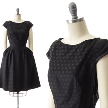 Vintage 1950s Dress | 50s Silk Polka Dot Jacquard Black Fit and Flare Full Skirt Pockets Cocktail Party Dress (small) 