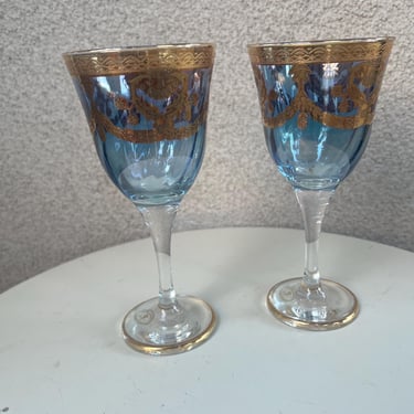 Vintage Baroque Glasses wine goblets  Blue  With Gold T Preziosoi Italy set 2 7.5” 