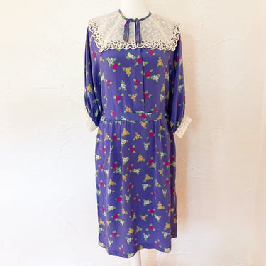 80s Silk Floral and Lace Collared Day Dress by Jack Mulqueen *as-is*  | Large 